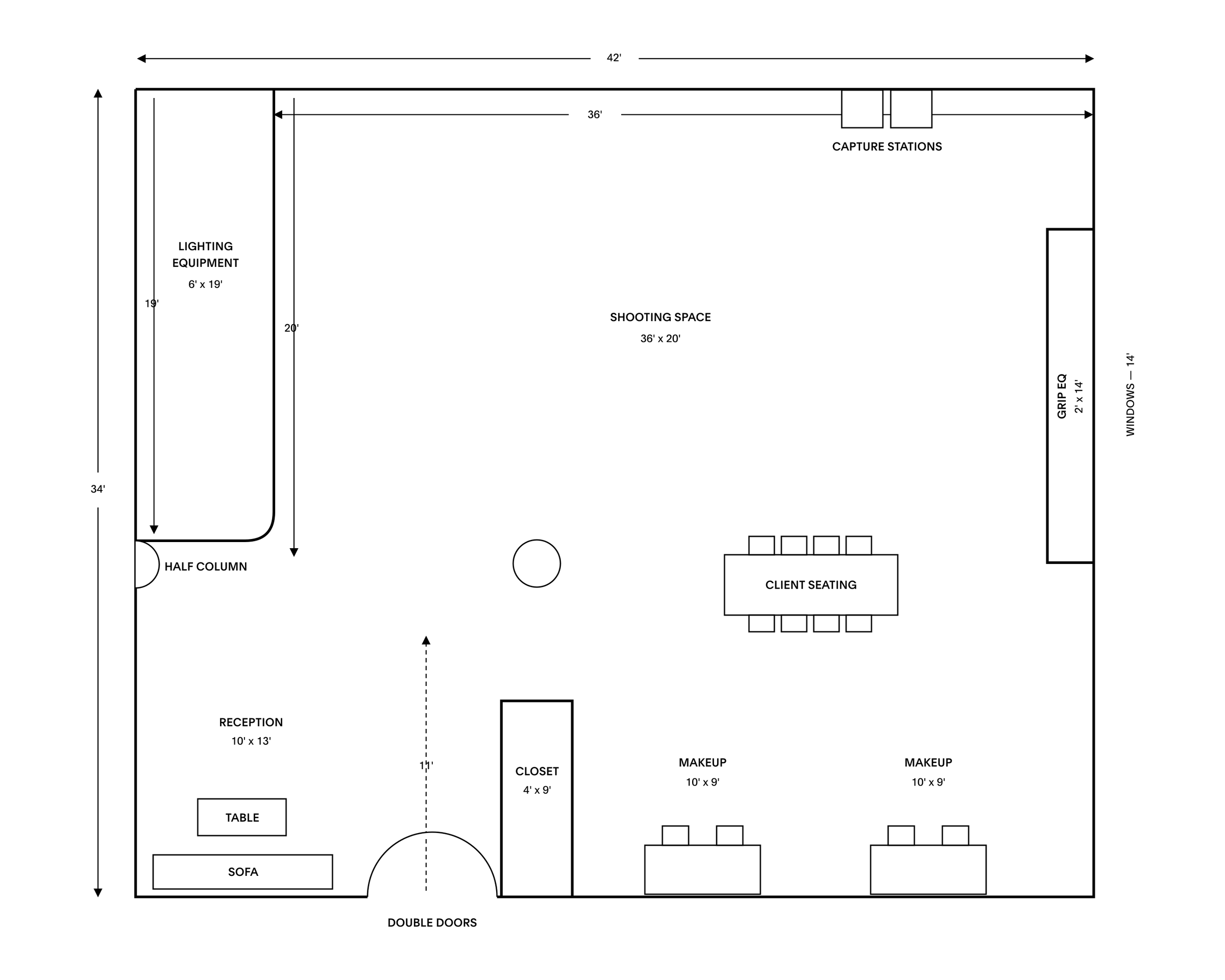 Floor plan of Studio Standard: shooting space, lighting equipment, grip, capture stations, client seating, two makeup rooms, closet and reception